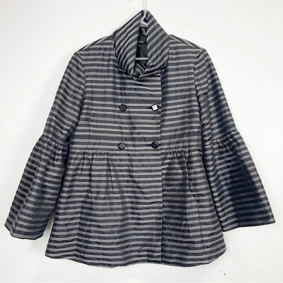 Samuel Dong Jacket Coat Womens Size Large Black White Striped Flare Sleeve - Picture 1 of 14